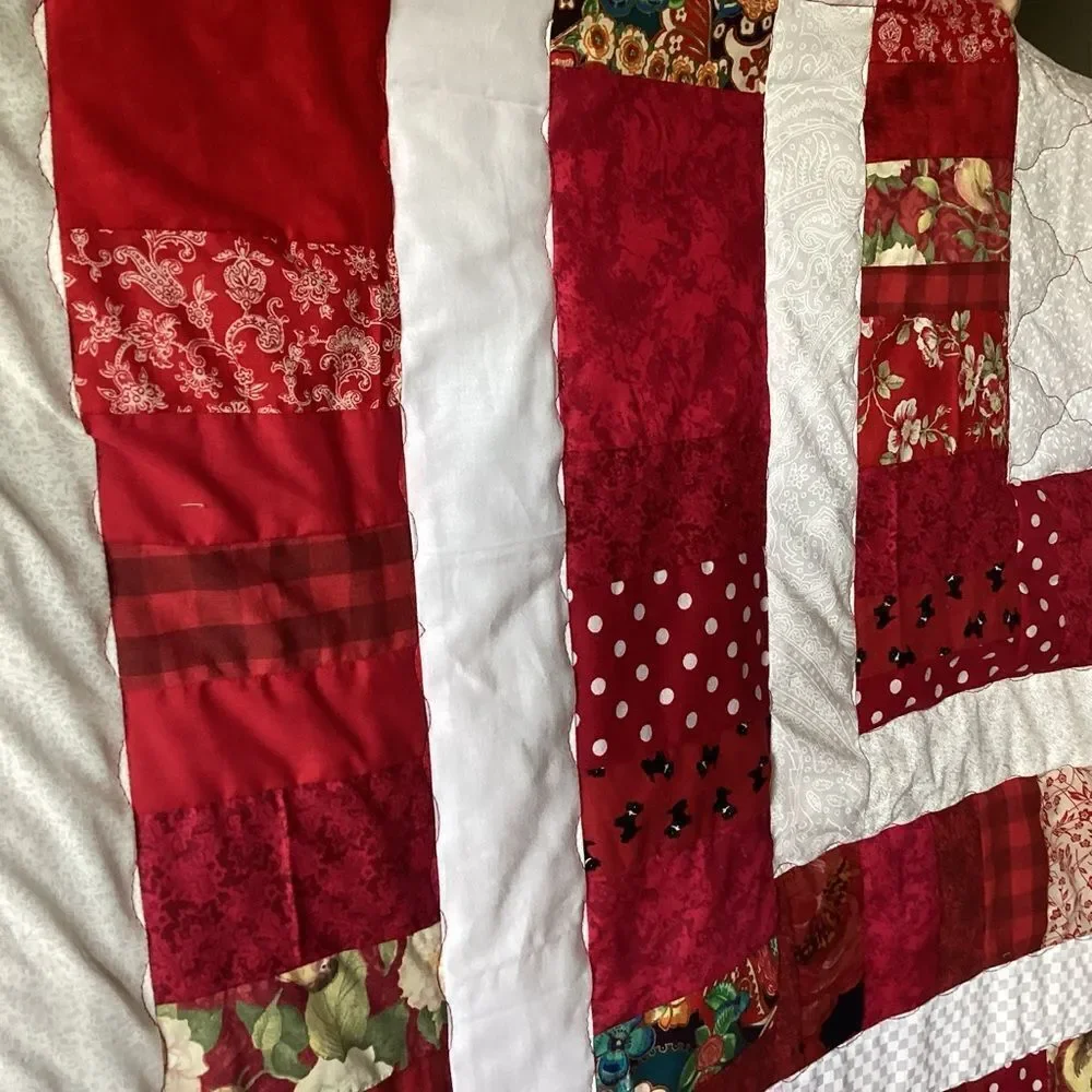 NWT. Hand Crafted “Strawberry Fields” Red and White Patchwork Quilt